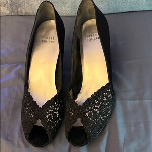 Stuart Weitzman Black Lace Peep-Toe Heels